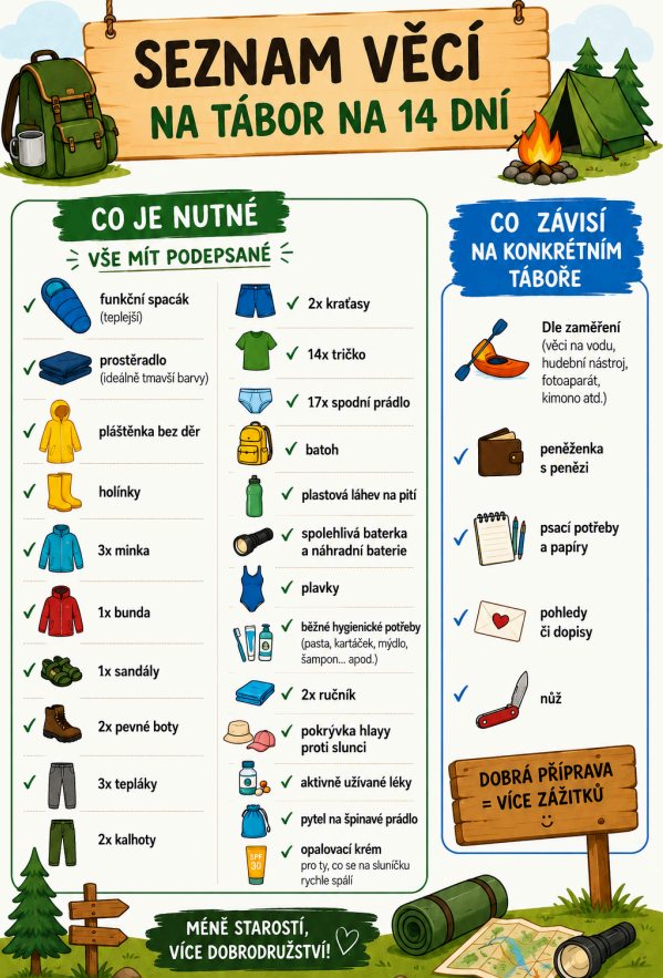seznam věcí na tábor - na 14 dní