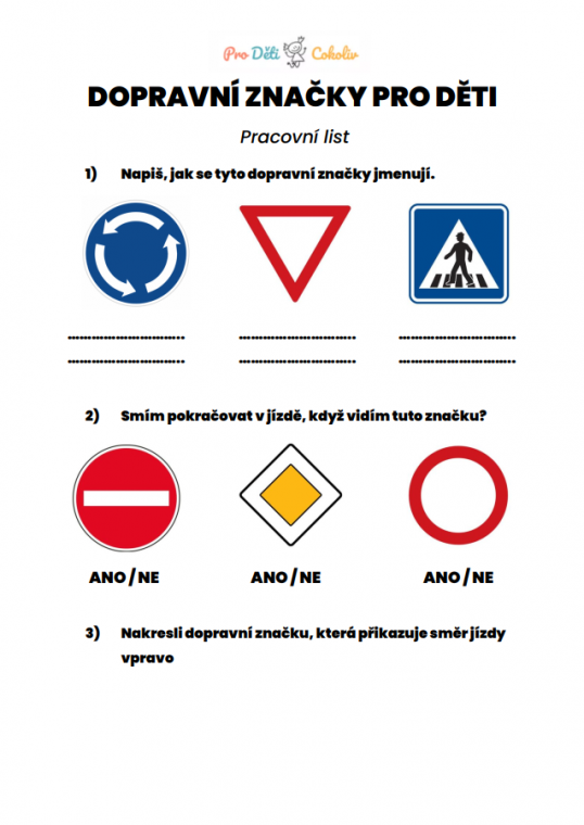 dopravní značky pro děti pracovní list