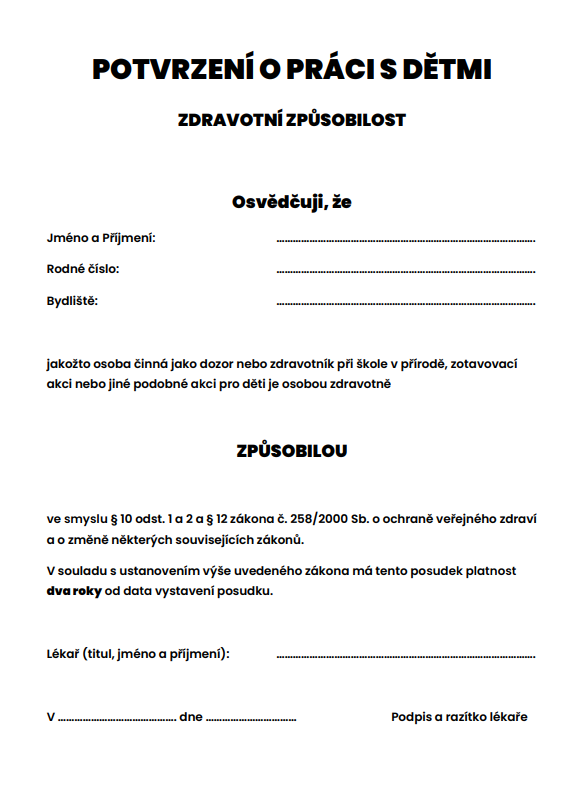 potvrzení o práci s dětmi