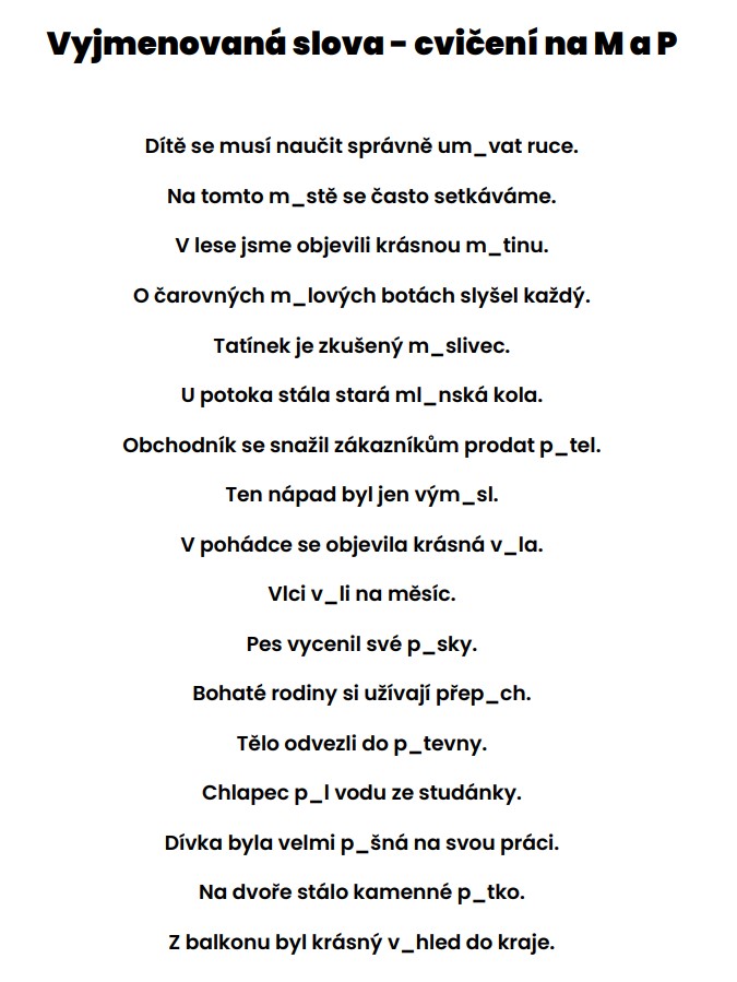 vyjmenovaná slova cvičení v PDF
