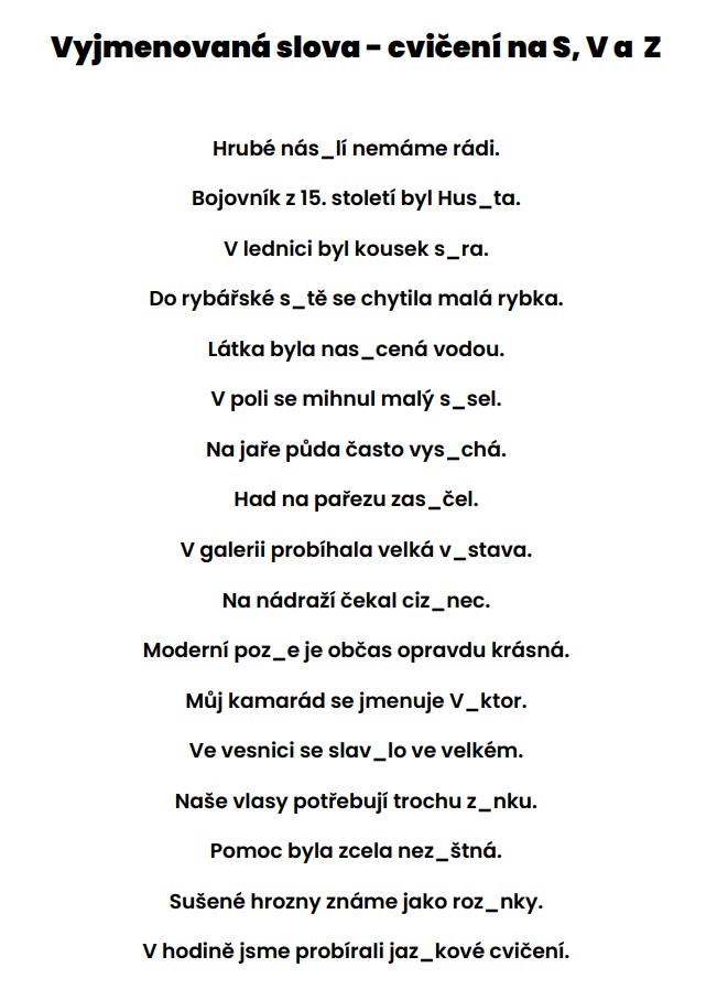 vyjmenovaná slova cvičení v PDF
