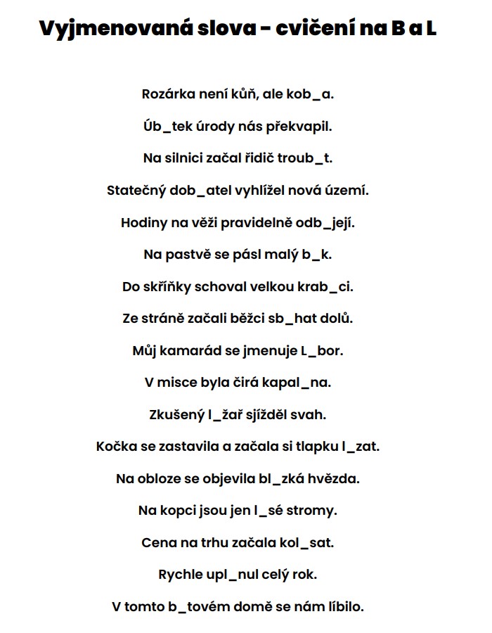 vyjmenovaná slova cvičení v PDF
