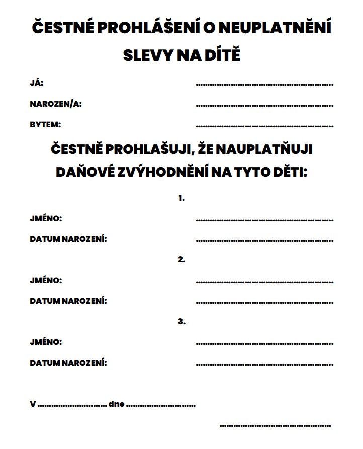 čestné prohlášení o neuplatnění slevy na dítě vzor