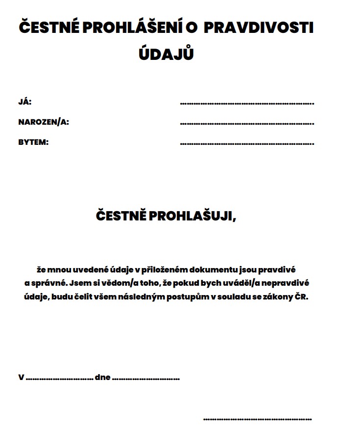 čestné prohlášení o pravdivosti údajů vzor