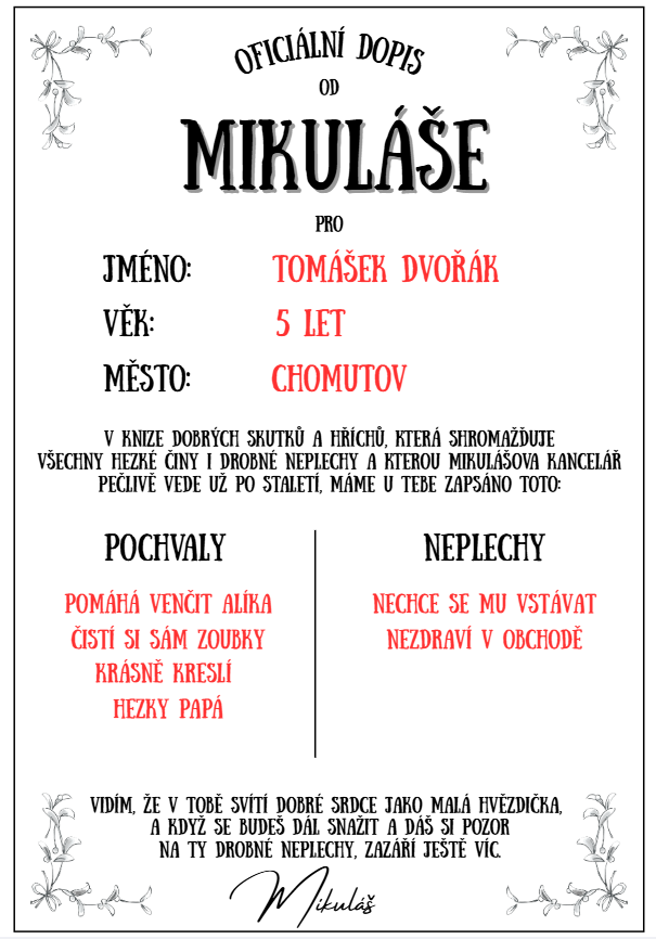 dopis od mikuláše