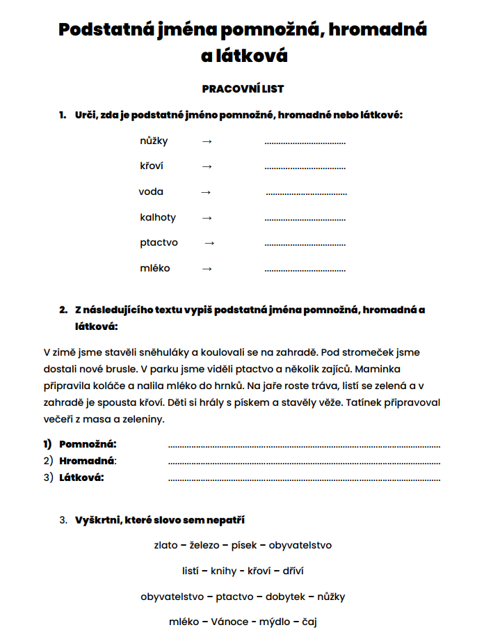 podstatná jména pomnožná hromadná látková pracovní list