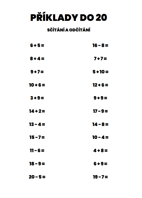 příklady do 20 k vytisknutí
