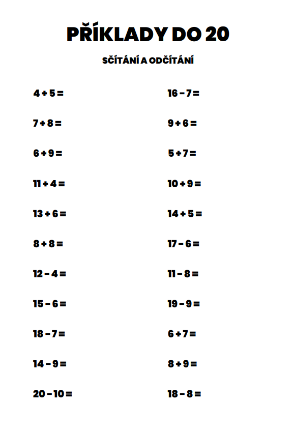 příklady do 20 k vytisknutí