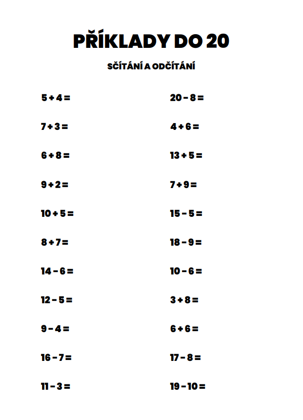 příklady do 20 k vytisknutí