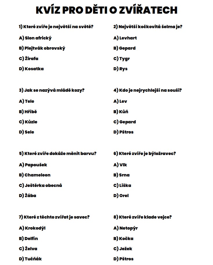 kvíz pro děti o zvířatech
