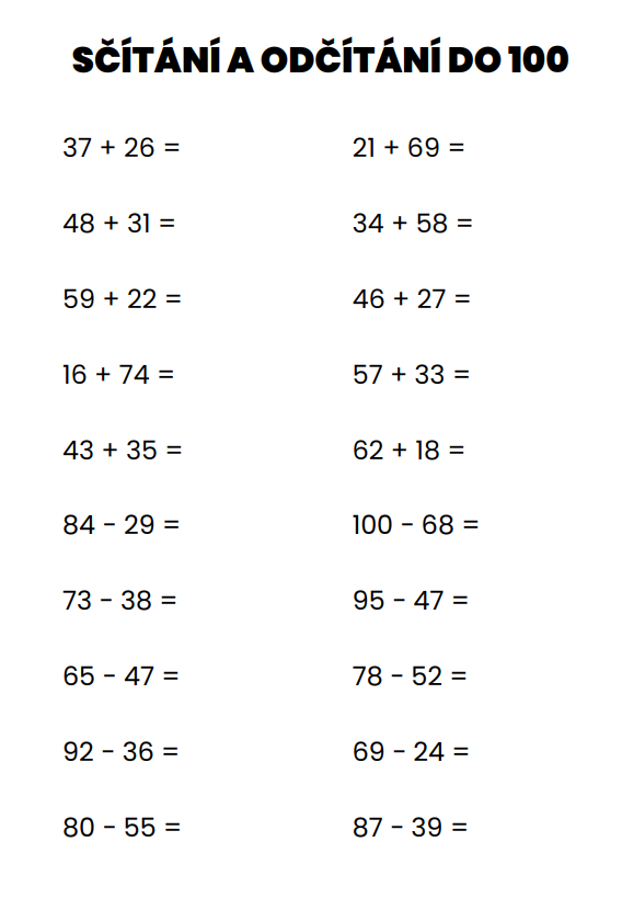 sčítání a odčítání do 100 k vytisknutí