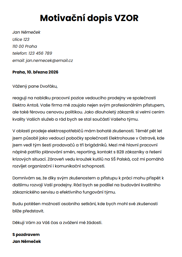 motivační dopis vzor word