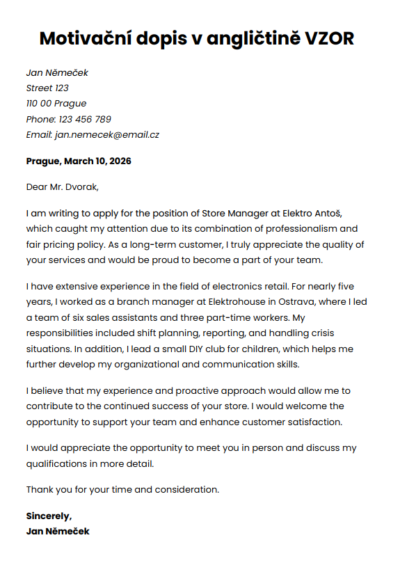 motivační dopis v angličtině vzor word