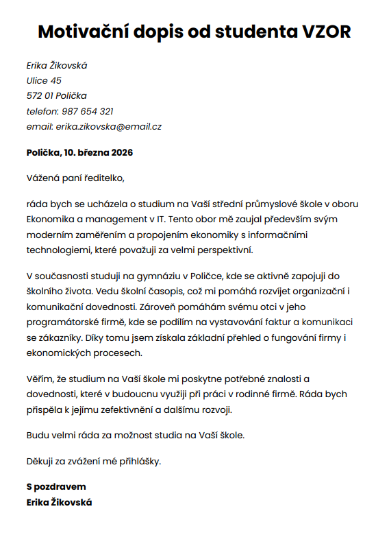 motivační dopis vzor student