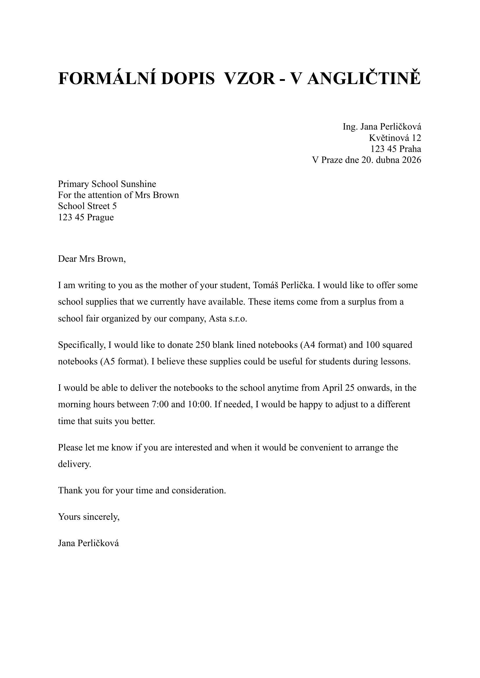 formální dopis vzor v angličtině