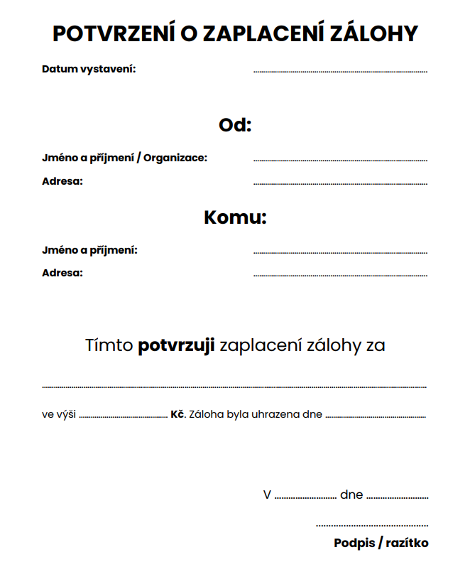potvrzení o zaplacení zálohy vzor