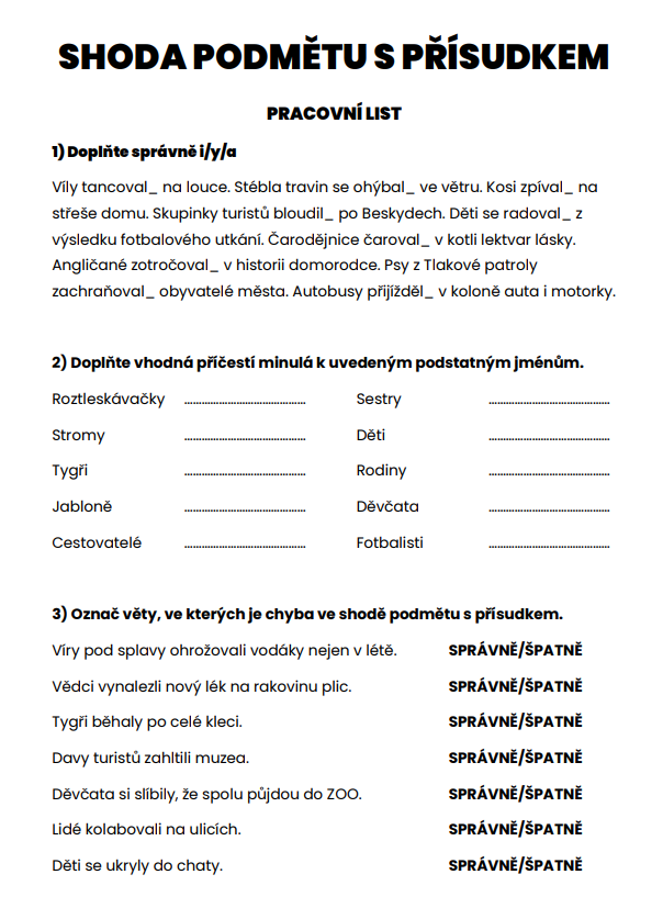 shoda podmětu s přísudkem pracovní list