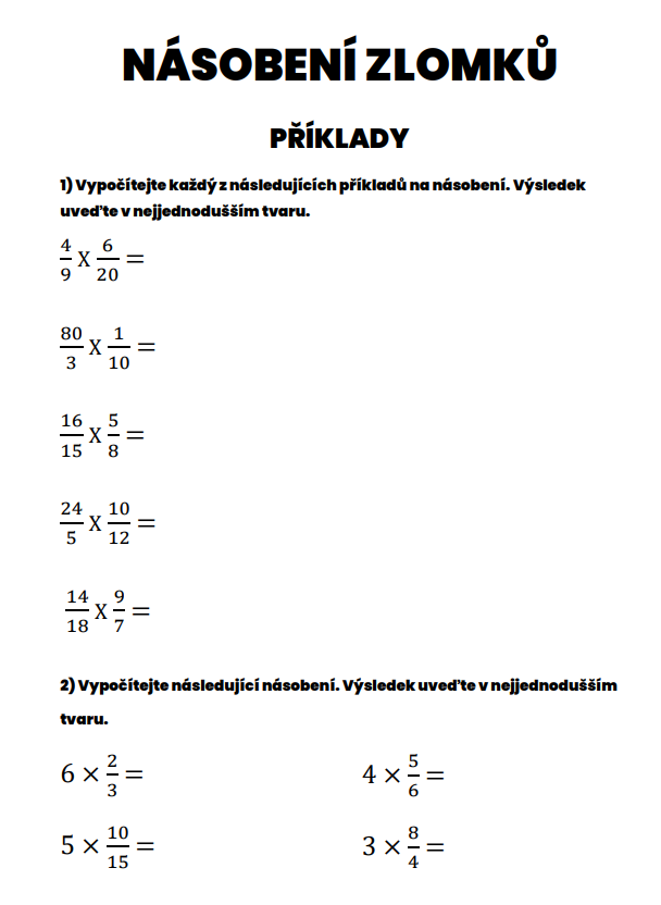 násobení zlomků příklady